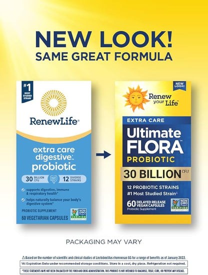 Ultimate Flora Probiotics 30 Billion CFU Delayed Release Vegan Capsules | Extra Care | Digestive Health | Immune Health | Dairy Free | 60 Count