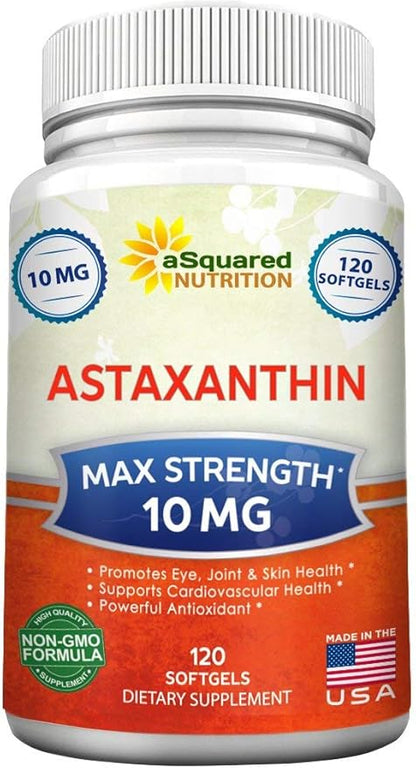 aSquared Nutrition Astaxanthin Supplement - Natural Astaxanthin Pills from Haematococcus Pluvialis Extract for Pure Energy - Max Strength 10mg - 120 Softgels