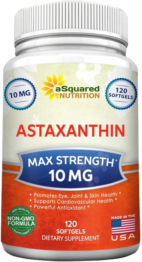 aSquared Nutrition Astaxanthin Supplement - Natural Astaxanthin Pills from Haematococcus Pluvialis Extract for Pure Energy - Max Strength 10mg - 120 Softgels