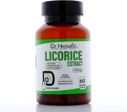 Dr. Herbalist Licorice Root Extract 250mg | 60 Capsules | 10:1 Glycyrrhiza Glabra Extract | Supports Overall Well-Being