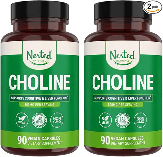 Nested Naturals Choline Bitartrate 500mg - High Potency Choline Supplements - Supports Cognitive Performance & Liver Function - 100% Vegan & Non-GMO - 2-Pack (180 Vegan Capsules)