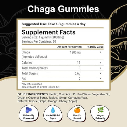 Chaga Mushroom Gummies - Antioxidant Immune Support Supplement - Dietary Mushroom Supplement - 60 Gummies - Made in USA - Shrooms for Health - Delicious & Vegan Frendly