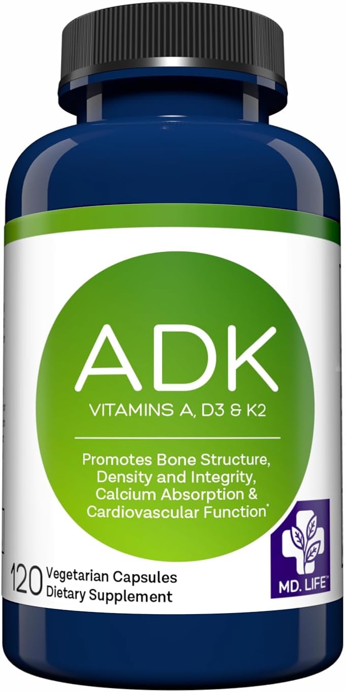 MD.LIFE A D K Vitamin Supplement - Vitamin D3 K2 and A - 120 Capsules - Bone Health and Heart Health Support – High Potency Vitamin ADK Supplement - ADK Complex