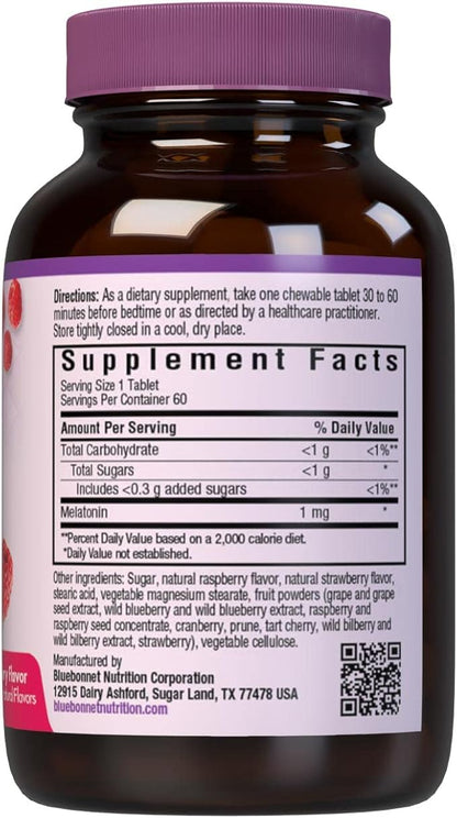Bluebonnet Nutrition EarthSweet Melatonin 1 mg Fast-Acting Quick Dissolve Nighttime Relaxation & Restful Sleep Support - Sleep Aid - Gluten-Free, Vegan - Flavor - Chewable Tablets Raspberry