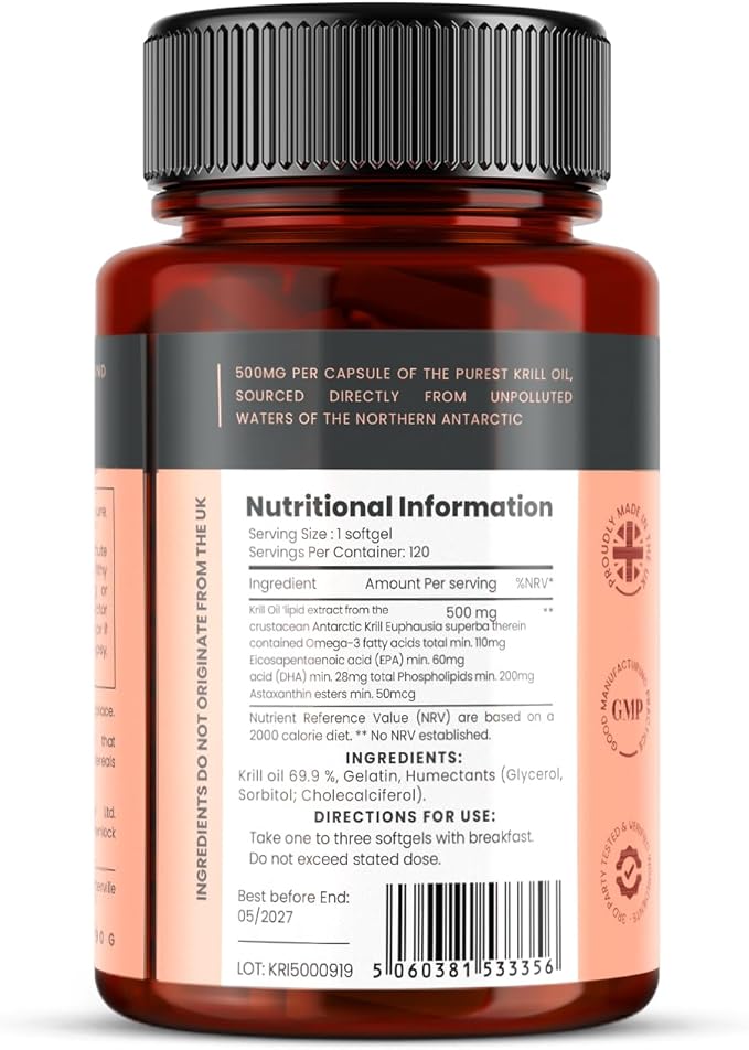 Ultra Pure Superba Krill Oil 500mg x 120 Capsules - Sourced in The Unpolluted Waters of Antarctic Providing a Rich Supply of Astaxanthin, Omega 3 and Vitamin D