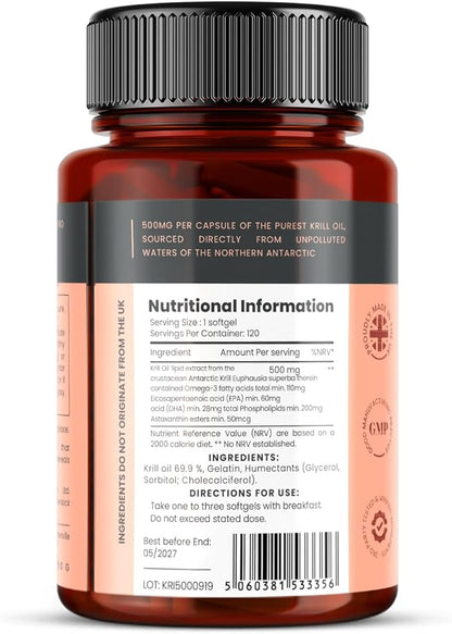Ultra Pure Superba Krill Oil 500mg x 120 Capsules - Sourced in The Unpolluted Waters of Antarctic Providing a Rich Supply of Astaxanthin, Omega 3 and Vitamin D