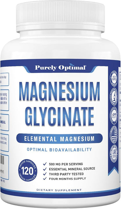 Purely Optimal Magnesium Glycinate 500mg - Premium Non-Buffered Supplement for Sleep, Calm & Muscle Function Support, 120 Easy-to-Swallow Capsules - High Absorption & Gentle on Stomach