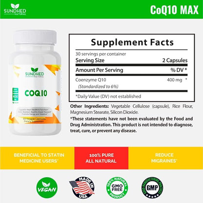 CoQ10 400mg Vegan, Ultra CoQ10 - Ultra High Absorption Coenzyme Q10 Supplements - Antioxidant Supplement for Vascular and Heart Health, Fertility & Energy Production - 60 Count