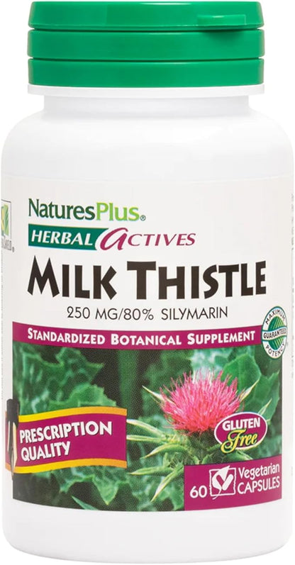 Natures Plus Herbal Actives Milk Thistle - 250 mg, 80% Silymarin, 60 Vegan Capsules - Vegetarian, Gluten-Free - 60 Servings