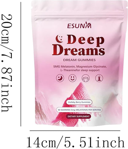 Deep Dream Sleep Gummies with 5mg Melatonin, Magnesium, Glycinate, L-Theanine for Sleep Support- Non-Habit Forming Sleep Supplement,60 Gummies, 30 Day Supply