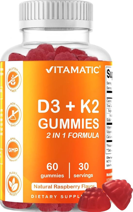 Vitamatic Vitamin D3 + K2 Gummies – 60 Count | Supports Bone, Heart & Immune Health – Promotes Calcium Absorption – Plant-Based, Non-GMO, Gluten-Free