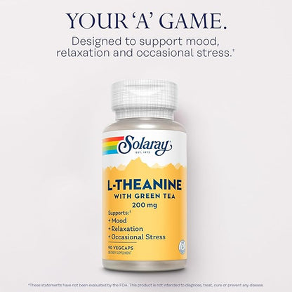 SOLARAY L-Theanine 200mg with Green Tea - Healthy Mood, Relaxation and Occasional Stress Support - Lab Verified, Vegan, Gluten Free - 90 Servings, 90 VegCaps