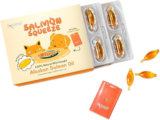 Spoonful Salmon Squeeze - 100% Natural Wild-Caught Alaskan Salmon Oil – 2,000 mg Omega-3 Softgel, 60 Squeezeable Softgels | DHA, EPA & Natural Astaxanthin, Non-GMO, Sustainable, Made in USA (60)