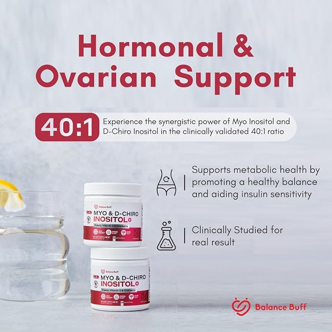 Inositol Supplement for Women | Myo-Inositol & D- Chiro Inositol Plus Folate and Vitamin D and Cranberry | Ideal 40:1 Ratio | Vitamin B8 - Powder - 30 Day Supply