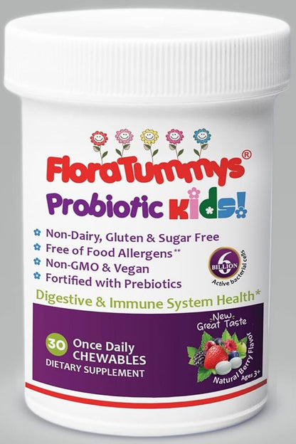 Kids Chewable Probiotic Prebiotics: Non-Dairy, Gluten & Sugar-Free, Peanut & Soy Free, Non-GMO, Tested & Free of Food Allergens, Vegan, Kosher, Berry Flavor(1 Bottle)