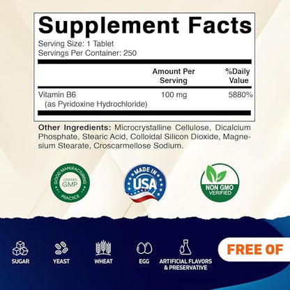Vitamatic Vitamin B6 (Pyridoxine HCl) 100mg – 250 Vegetarian Tablets Promotes Energy Production, Boosts Metabolism & Supports Immune Health*