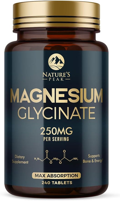 Magnesium Glycinate Chelated for Max Absorption - Supports Bone, Muscle, Nerves & Heart Health, Nature's Sleep and Stress Support, Best Magnesium Supplement Pills for Whole Body Support - 240 Tablets