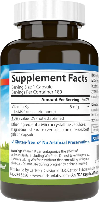 Carlson - Vitamin K2 MK-4 (Menatetrenone), 5 mg, Vitamin K Supplement, Bone Support, K2 Vitamin, Soy-Free, Vitamin K-2, 180 Capsules