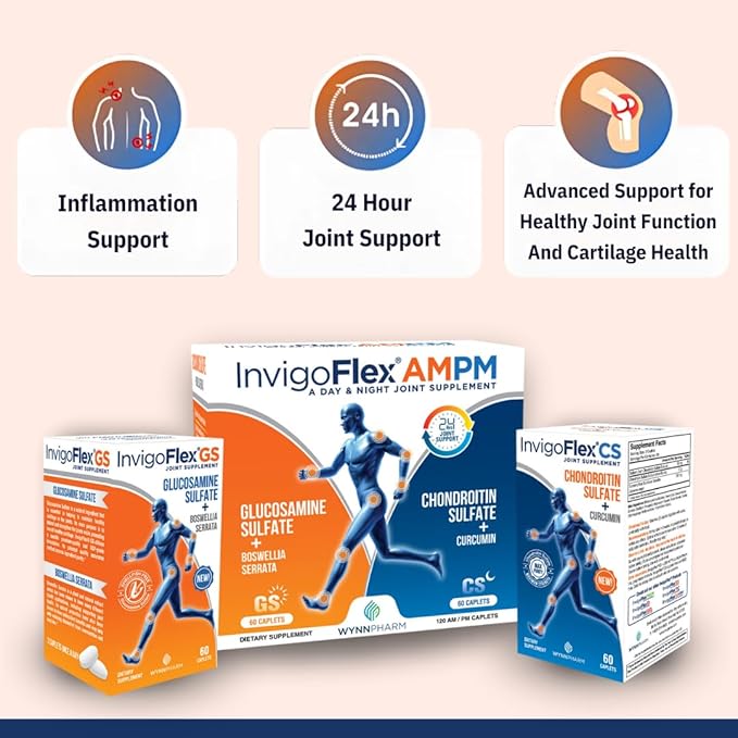 INVIGOFLEX Glucosamine & Chondroitin Sulfate - Turmeric Curcumin - Boswellia Serrata (Non GMO) 24 - Hour Premium Joint Supplement AMPM - 2 Pack
