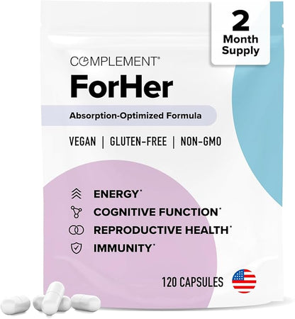 Complement ForHer Multivitamin - Hormone Balance for Women (60 Servings) Inositol Supplement, Longevity Support- B9, Iron - 120 Capsules
