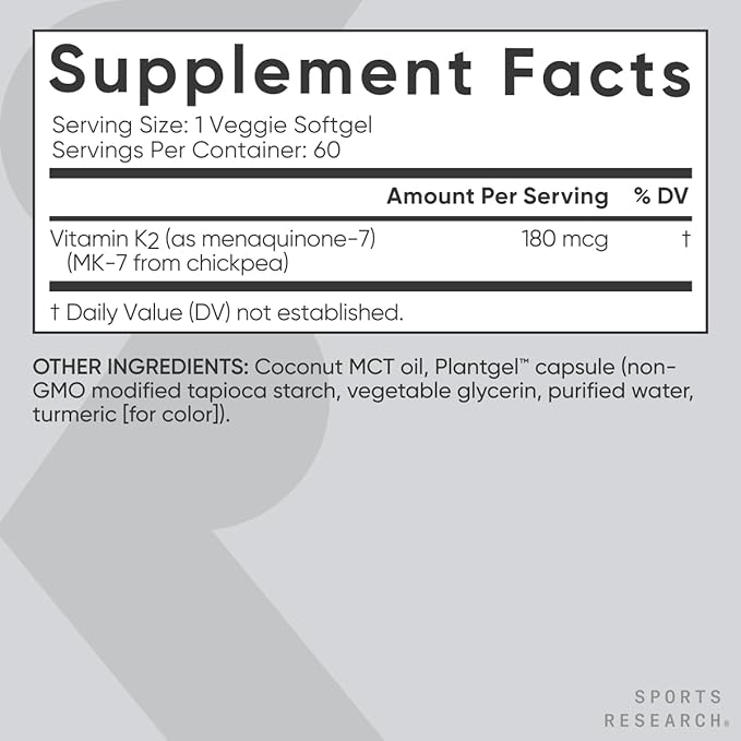 Sports Research Vitamin K2 MK7 180mcg with Coconut Oil - 60 Veggie Softgels - Vegan Certified, Non-GMO Verified & Gluten-Free