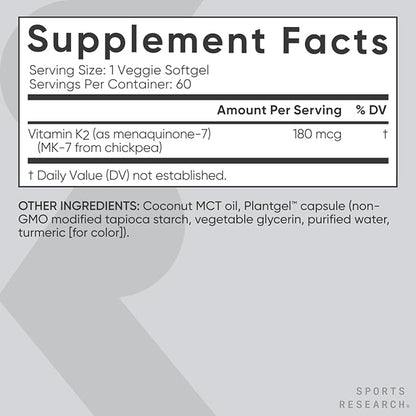Sports Research Vitamin K2 MK7 180mcg with Coconut Oil - 60 Veggie Softgels - Vegan Certified, Non-GMO Verified & Gluten-Free