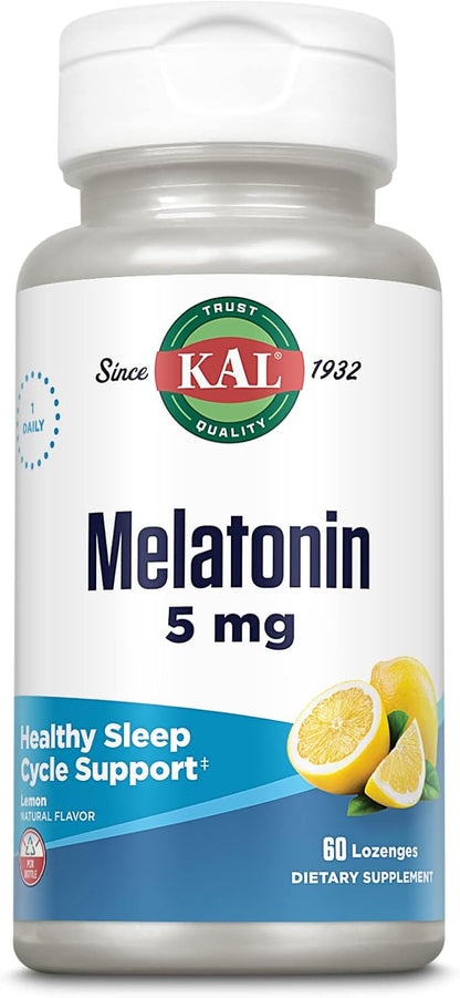KAL Melatonin 5mg Sleep Aid Lozenges, Melatonin Supplement Supports Sleep Quality, Calming Relaxation and a Healthy Sleep Cycle, with Added Vitamin B6, Vegetarian, Natural Lemon Flavor, 60 Lozenges