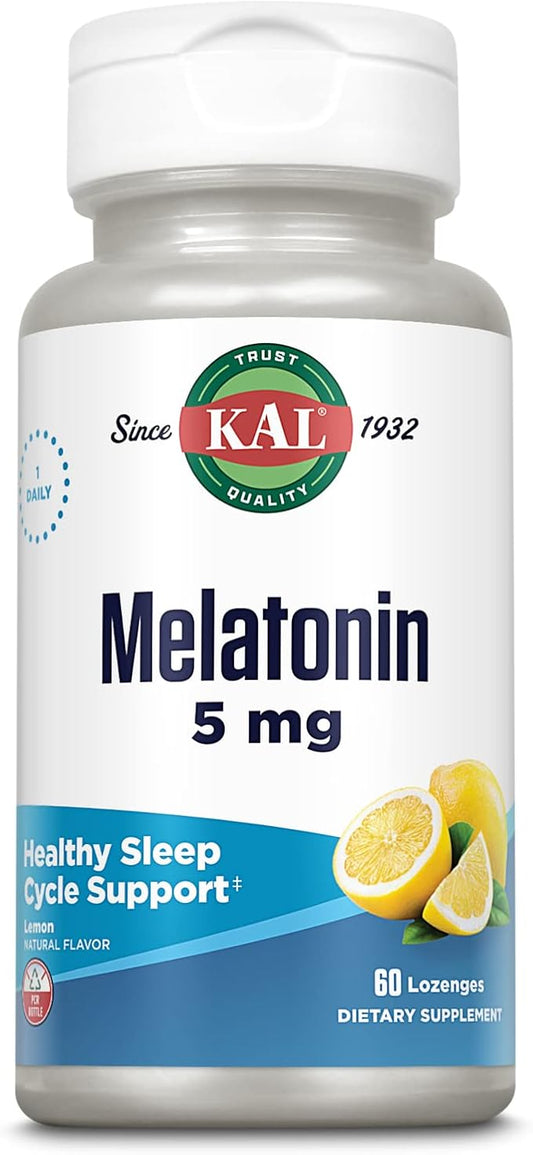KAL Melatonin 5mg Sleep Aid Lozenges, Melatonin Supplement Supports Sleep Quality, Calming Relaxation and a Healthy Sleep Cycle, with Added Vitamin B6, Vegetarian, Natural Lemon Flavor, 60 Lozenges