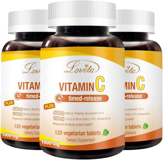 Lovita Vitamin C 1000mg with Bioflavonoids & Rose HIPS, Timed Release Coating, High Potency, Support Boost Healthy Immune Function, 120 Vegetarian Tablets for 4 Month Supply (Pack of 3)