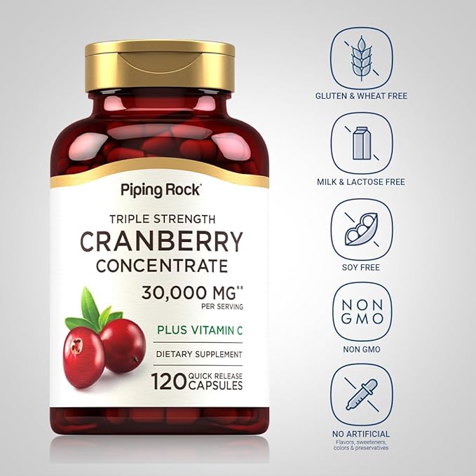 Piping Rock Cranberry Pills | 30,000 mg | 120 Capsules | Supplement for Women & Men | Triple Strength Concentrate Extract Plus Vitamin C | Non-GMO, Gluten Free