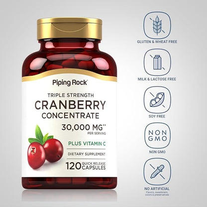 Piping Rock Cranberry Pills | 30,000 mg | 120 Capsules | Supplement for Women & Men | Triple Strength Concentrate Extract Plus Vitamin C | Non-GMO, Gluten Free