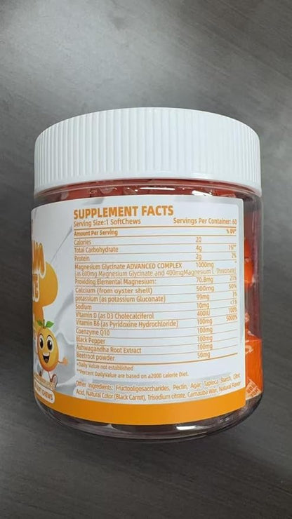 Magnesium Glycinate Soft Chews, Orange Flavor.Chewable Sugar Free Potassium Magnesium Chews with Magnesium Glycinate, Vitamin D, B6, and CoQ10 for Calm Support & Sleep for Adults, 60 Days Supply