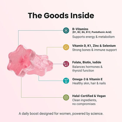 Halal Certified Women’s Multivitamin Gummies - Vegan, Easy Digestion, & High Absorption - Packed with Essential Nutrients, Omega-3, Folate & Biotin for Energy, Beauty, and Wellness - Tasty 30 ct Gummy