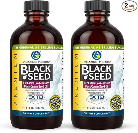 Amazing Herbs Premium Black Seed Oil - Gluten Free, Non GMO, Cold Pressed Nigella Sativa Aids in Digestive Health, Immune Support, Brain Function - 8 Fl Oz (Pack of 2)