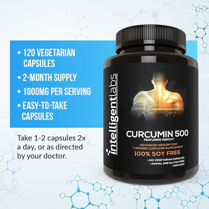 Intelligent Labs 500MG Meriva Curcumin Phytosome, 2900% Better Absorbed Than Ordinary Turmeric Curcumin 100% Soy Free, 120 Capsules Per Bottle