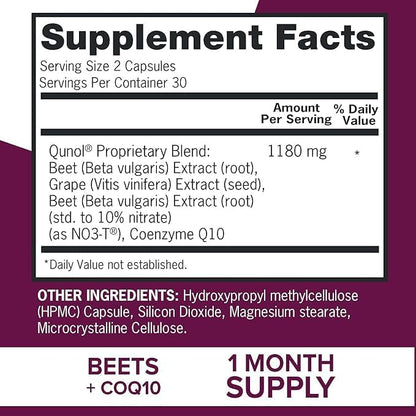 Qunol Blood Pressure Support, 3 in 1 Beets + CoQ10 + Grape Seed Extract, Beet Root Capsules That Supports Healthy Blood Circulation & Heart Healthy Energy, 60 Count (Pack of 1)