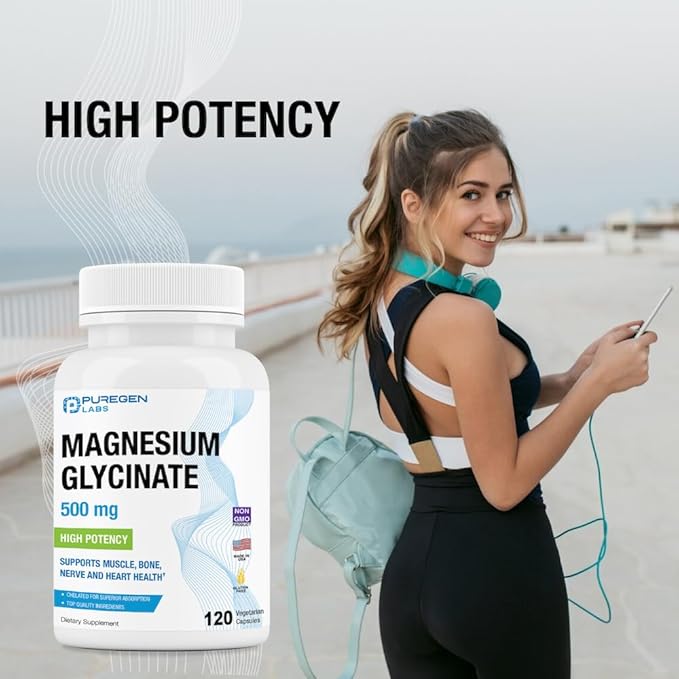 Magnesium Glycinate 500mg [High Potency] 120 Veggie Caps, Chelated for Superior Absorption | No Harmful Additives | Non-GMO, NO Gluten and Dairy, Supports Muscle, Joint, and Heart Health-Made in USA