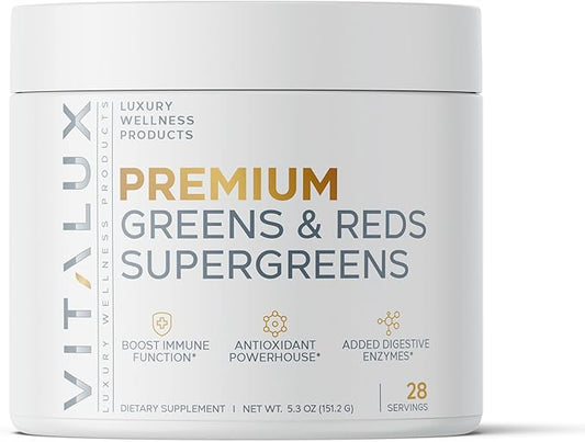 VITALUX || #1 Rated Premium Greens & Reds Superfood Powder || Immune Function, Added Antioxidants, Loaded w/ Digestive Enzymes | 17 Powerful Ingredients | 3rd Party Tested, Vegan + USA Made - 28 Days