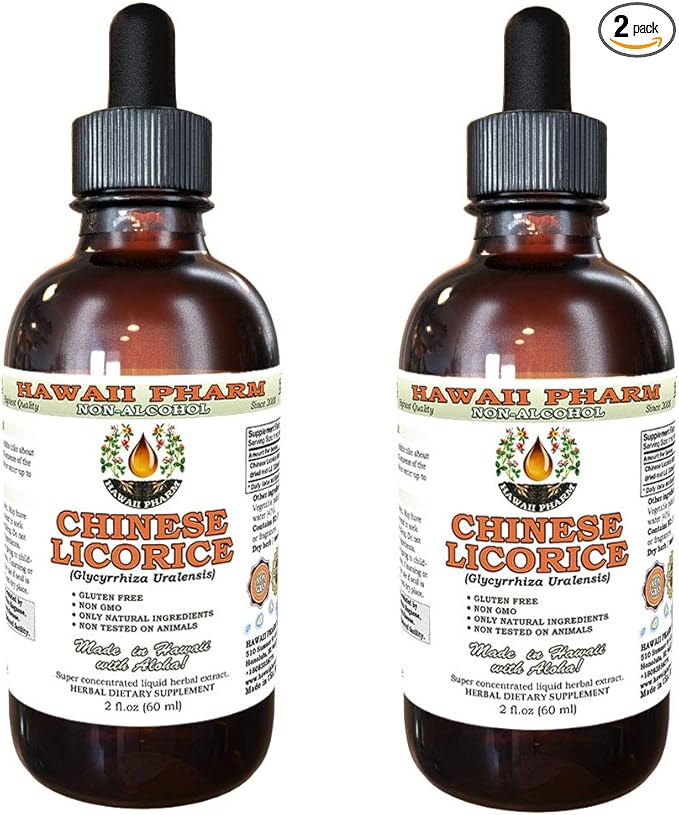 Chinese Licorice Alcohol-Free Liquid Extract, Chinese Licorice (Glycyrrhiza Uralensis) Root Glycerite Hawaii Pharm Natural Herbal Supplement 2x2 oz