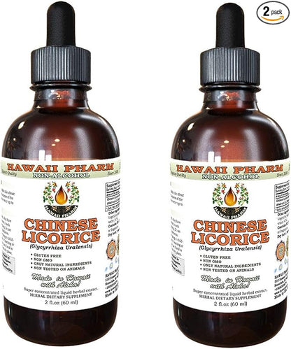 Chinese Licorice Alcohol-Free Liquid Extract, Chinese Licorice (Glycyrrhiza Uralensis) Root Glycerite Hawaii Pharm Natural Herbal Supplement 2x2 oz