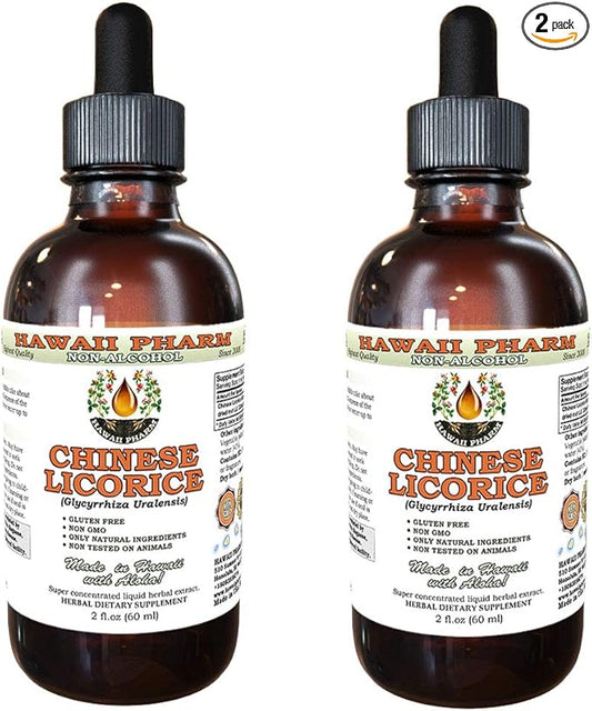 Chinese Licorice Alcohol-Free Liquid Extract, Chinese Licorice (Glycyrrhiza Uralensis) Root Glycerite Hawaii Pharm Natural Herbal Supplement 2x2 oz