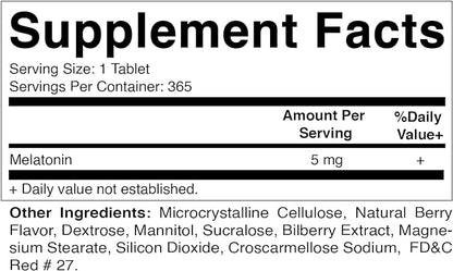 Vitamatic Melatonin 5 mg Tablets | Vegetarian, Non-GMO, Gluten Free | 1 Year Supply | Natural Berry Flavor - 365 Tablets