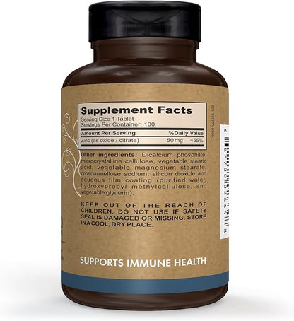 Pomona Wellness Zinc Supplements for Adults, 50mg, Skin Health and Immune Support, Easy to Swallow, for Antioxidant and Overall Health, Vegan, Non-GMO, 100 Tablets (Pack of 2)