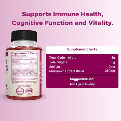 Mushroom Gummies,Raspberry Flavored, 60 Gummies 1 Month Supply