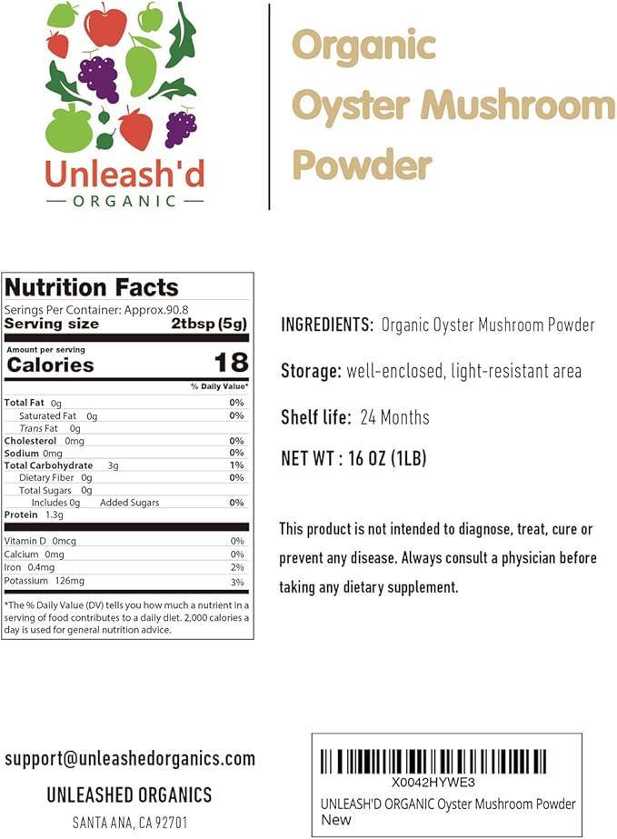 UNLEASH'D ORGANIC Organic Oyster Mushroom Powder 16 oz 100%Pure Natural Green Food Supports Immune Function and Overall Health