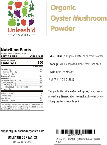UNLEASH'D ORGANIC Organic Oyster Mushroom Powder 16 oz 100%Pure Natural Green Food Supports Immune Function and Overall Health