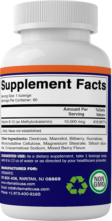 Vitamatic Methyl Vitamin B12 (Methylcobalamin) 10,000 mcg (10mg) 60 Lozenges - Superior Source of Vitamin B12 (2 Pack)