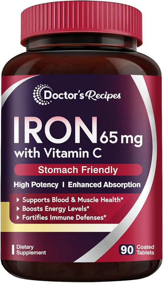 Doctor's Recipes Iron Supplement 65 mg with Vitamin C - Maximized Absorption & Stomach Friendly Iron Pills for Red Blood Cells Formation, Heart, Brain & Immunity Health - Vegan Non-GMO 90 Iron Tablets