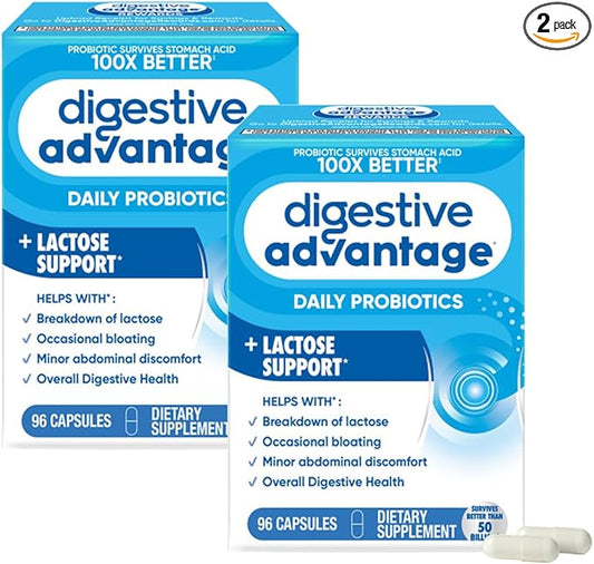 Digestive Advantage Lactose Defense Enzymes + Probiotics for Women & Men Occasional Bloating, Lactose Breakdown, Minor Abdominal Discomfort, Immune Support, 96 Count Capsules (2 Pack)