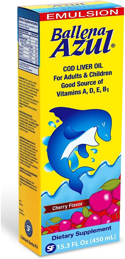 Ballena Azul Aceite de Hígado de Bacalao para Adultos y Niños, COD Liver Oil for Adults and Children,Vitamins A,D,E, B1, Dietary Supplement, Omega 3, Inmune System Boost, Cherry (Cherry 15 OZ)